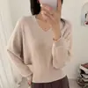 Suéter suave y casual con cuello en V y mangas murciélago para mujer, nuevo estilo otoño 2026, corte holgado, ceñido a la cintura, top de punto de manga larga