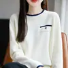 Suéter redondo com blocos de cor para mulheres, malha 100% algodão, estiloso com design de bolso falso, novo 2025, corte solto, suéter plus size para mulheres