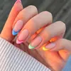 Uñas postizas estilo francés de arcoíris nude, borde de color macarrón, forma de almendra, uñas postizas prefabricadas, puntas de uñas desmontables
