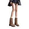 Botas Vintage Acamurçadas, Botas de Cowboy Ocidentais, Novas Botas de Cano Alto para Mulheres Verão 2025, Cor Cáqui, Tamanho Petite