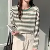 2026 Nueva Camiseta de Manga Larga de Algodón Puro Holgada de Talla Grande Estilo Coreano Rayas para Mujer Camisa Base Redonda