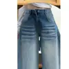Jeans Azul Claro de Cintura Alta Wide Leg Estilo Americano para Mulheres, Tendência Outono e Inverno Novos Calças Retas Soltas Bordadas de Comprimento Total Curvas