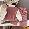 Chaleco de Pana Artístico con Bordado Floral 3D para Niñas Jóvenes, Top con Cuello Volante, Pantalones Jogger Bordados
