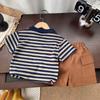 Conjunto de Verão para Bebê Menino Listrado com Botões Manga Curta Duas Peças Roupas de Verão Infantis 1-3-5 Anos Roupas Infantis