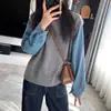 Jersey de punto para mujer con empalme de manga de mezclilla japonesa y coreana, estilo dos piezas falsas, moda elegante popular, suelto, punto