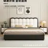 Cama de cuero de almacenamiento de lujo ligero estilo crema, cabecero ondulado con luces, cama canapé alta, almacenamiento partitionado de gran capacidad, cama de boda para dormitorio principal
