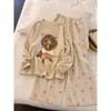 Pijama lindo con estampado de cachorros, manga larga y pantalón largo para mujer, nuevo conjunto informal holgado de otoño para casa, talla grande