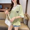 Camiseta Patchwork Waffle de Design Exclusivo com Manga Curta para Mulheres, Novo Estilo Verão 2026, Moda Plus Size com Gola Polo