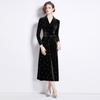 Vestido Veludo Preto Dourado Feminino 2024 Outono e Inverno Novo Francês Cintura Alta Moda High-end Elegante Manga Longa Saia Base