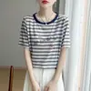 Camiseta a Rayas de Bloques de Color Retro Americana para Mujer, Cuello Redondo, Mangas Cortas Sueltas, Top Versátil Casual Estilo Bf para Primavera y Verano