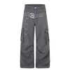 Pantalones casuales de pierna ancha con estampado estilo workwear retro americano, corte holgado, adelgazantes, de pierna recta, largos, para hombres y mujeres