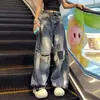 Jeans rotos estilo americano, nueva colección primavera/otoño 2026, de cintura alta, corte holgado, mezclilla lavada, pierna recta, pantalones de pierna ancha para mujeres con figura de pera