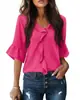 2026 Moda Europeia e Americana Transfronteiriça Amazon Blusa Casual Solta com Decote V, Babados, Manga Meia-Manga, Renda