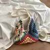 Bolso tote tejido a cuadros de bloques de color estilo influencer, nicho, hecho a mano, ganchillo, gran capacidad, de un solo hombro, para llevar debajo del brazo, vacación