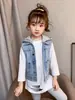 Chaqueta Chaleco de Mezclilla para Niñas Primavera y Otoño para Niños Mayores y Estudiantes 2026 Moda Chaleco de Mezclilla con Capucha Desmontable