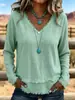 2026 Verão Novo Estilo Europeu e Americano Solto Gola V Franjado Manga Longa Camiseta Feminina Cor Sólida Casual Top Roupas Femininas Transfronteiriças