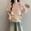 Camisa Estampada Patchwork de Manga Bufante com Decote V e Laço, Peça Falsa de Duas Peças, Tamanho Plus Size Feminina, Top Elegante Fino Slim-Fit de Verão