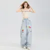 Jeans Wide Leg de Cintura Alta Bordado Personalizado para Mulheres 2025 Novo Slim e Fluido para Silhueta Pera Calças Soltas de Comprimento Total