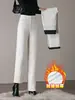 1033 Pantalones Vaqueros Blancos de Invierno para Mujeres de Mediana Edad Ropa de Mujer Cálidos Adelgazantes Rectos Casuales Elásticos Con Terciopelo Espesado