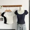 3612 Verano Estilo Puro Deseo Camiseta Versátil con Adorno de Encaje, Cuello Cuadrado, Clavícula Expuesta, Manga Corta Ajustada Top para Mujer