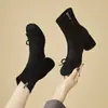 Botas Elásticas Estilo Coreano com Laço Emagrecedoras Primavera e Outono Novas Botas de Cano Curto com Salto Bloco Bico Redondo para Usar com Saias Botas de Cano Curto Estilo Ballet
