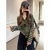 Cárdigan de punto a rayas estilo coreano para mujer, con cuello redondo, manga larga, nueva colección de otoño, top holgado y favorecedor.