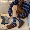 Sapatos Shang Meias de Algodão Femininas Estilo Coreano Bordado de Desenho Animado Meias Amontoadas Cor Azul Cinza Color Blocking Malha Laço Etiqueta de Tecido Meias de Algodão Sem Costura