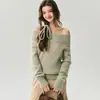 Suéter Kangbaolai 25% seda de amoreira 75% cashmere para mulheres, ombro a ombro, decote de um ombro, estilo tricô solto e relaxado