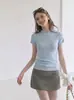 Blusa de tricô azul de manga curta, justa e elegante, estilo francês, com pequenas mangas babadas para mulheres, top de seda gelada slim-fit de verão 757
