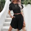 Vestido Estilo Europeo y Americano Bai Fen Zhi Yi, Transfronterizo Dulce y Sencillo, Cuello Redondo, Encaje, Pétalos, Manga Corta, Vestido Camiseta Negro