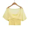 709-26 Otoño Estilo Coreano Cuello en V Lyocell Falso Dos Piezas Top Tubo Blusa de Manga Corta Transparente Camiseta Versátil Capa Base