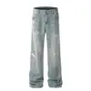 G6332 High Street Americano Unisex Retro Gama Alta Azul Lavado Diseño Salpicaduras de Tinta Jeans Rectos para Hombre
