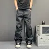 Calça Jeans Masculina Retrô Americana Lavada Preto Cinza Desgastada Botão Solta Reta Perna Larga Comprimento no Chão Tendência