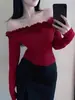 Camiseta Básica Popular de Estilo Francés sin Hombros de Manga Larga Ajustada Estilo Chica Picante Puro Deseo con Volantes