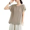 Camiseta retro de color liso con cuello redondo y manga corta, nueva de algodón de talla grande, estilo étnico suelto de corte ajustado, top casual de verano