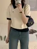 2025 Estilo Coreano Simple Top Pequeño Bordado de Moda Cuello Polo Manga Corta Borde de Color Contrastante Diseño Camisa Pequeña de Punto Estilo Versátil