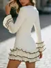 Vestido Sexy Ajustado Transfronterizo Europeo y Americano con Falda Corta Fruncida, Vestido de Punto con Borde Enrollado, Manga Larga de Color Sólido