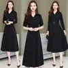 Vestido Elegante da Moda com Temperamento, Manga Longa, Cor Sólida, Gola Polo com Botões, Feminino, Primavera Outono, Cintura Marcada, Comprimento Médio, Saia Evasê