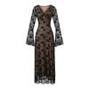 Elegante y Maduro Estilo Sexy Escote en V Profundo Mangas de Campana Falda Larga para Mujer Otoño Encaje Malla Empalme Vestido Ajustado a la Cadera