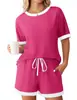 Ropa de Mujer Transfronteriza Europea y Americana Verano 2026 Nuevo Moda Amazon Color Sólido Canalé Bloque de Color Manga Corta Conjunto de Ropa para Estar en Casa