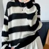 Suéter de punto de algodón puro, modelo nuevo Primavera 2026, cuello redondo retro, estilo coreano, manga larga, hueco, holgado, color versátil, bloques de color, a rayas, para mujer