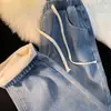 Jeans Feminino Grosso de Perna Reta com Forro de Lã Novo Estilo Outono/Inverno 2025 Petite Perna Larga Algodão Acolchoado Cintura Elástica Calças de Outono e Inverno