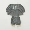 Conjunto de bebê, estilo coreano, manga longa, primavera/outono, xadrez, manga bufante, top estilo boneca + shorts, conjunto de 2 peças para recém-nascidos