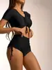 Traje de baño de dos piezas transfronterizo 2027, color liso, cordón, manga corta, cintura alta, estilo europeo y americano, venta al por mayor para Amazon, trajes de baño para mujer de comercio exterior