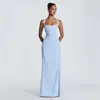 Vestido feminino transfronteiriço Amazon 2026 novo elegante cor sólida decote profundo alça acinturado amarração tie-dye fenda