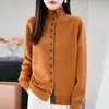 Cardigan de Lã Grossa com Gola Alta Curta para Outono e Inverno, Malha de Sete Fios, Manga Longa, Cor Sólida, Top Quente com Vários Botões