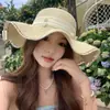 Sombrero de Paja con Borde Ondulado de Encaje y Lazo de Perlas para Mujer, Sombrero de Sol de Verano para la Costa, Sombrero de Sol de Ala Ancha, Venta al por Mayor