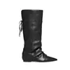 Versión de Piel de Vaca~Botas Vaqueras Western Retro para Mujer con Tacón Oculto, Fruncidas, Apiladas, Botas de Caballero Versátiles, Botas Largas con Cordones
