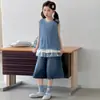 Conjunto de Top de Muñeca sin Mangas y Pantalones de Pierna Ancha para Niñas de Verano Ropa Infantil Niñas Chaleco Pantalones Vaqueros Cortos Conjunto de Dos Piezas