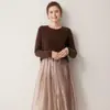 Suéter feminino com design color-block, gola redonda, 100% cashmere puro, camisa básica de malha de cashmere para bebê com mangas compridas